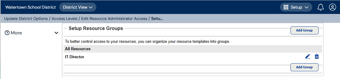 Setup Resource Groups page with Add Group highlighted.
